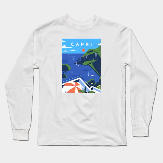 Capri, Italy. Retro travel minimalist poster Long Sleeve T-Shirt by GreekTavern